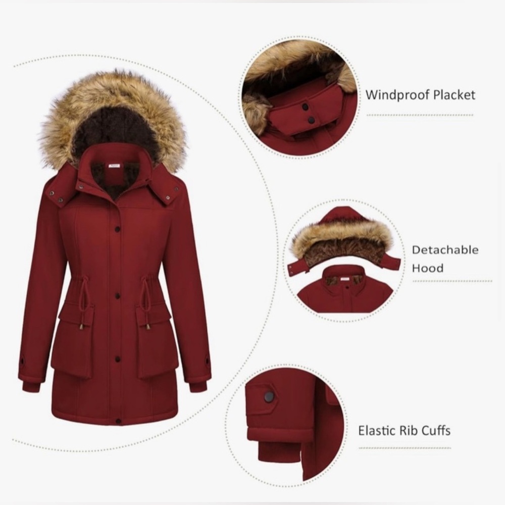 Women’s Winter Coat Parka Removable Hood NWT Maroon - Picture 4 of 12
